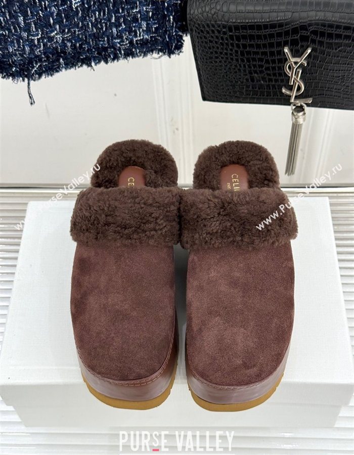 Celine Dana Wedge Platform Mules in Suede and Shearling Brown 2025 CE082615 (MD-250826121)