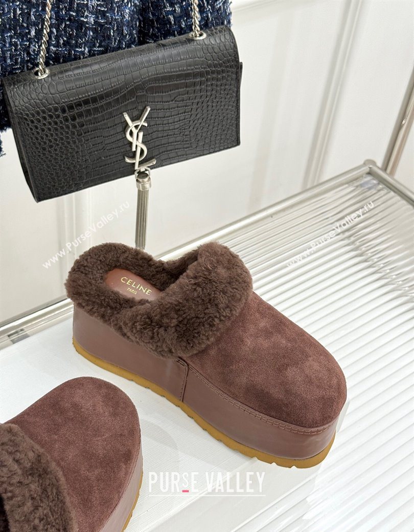 Celine Dana Wedge Platform Mules in Suede and Shearling Brown 2025 CE082615 (MD-250826121)