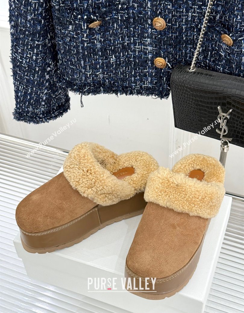 Celine Dana Wedge Platform Mules in Suede and Shearling Beige 2025 CE082615 (MD-250826122)
