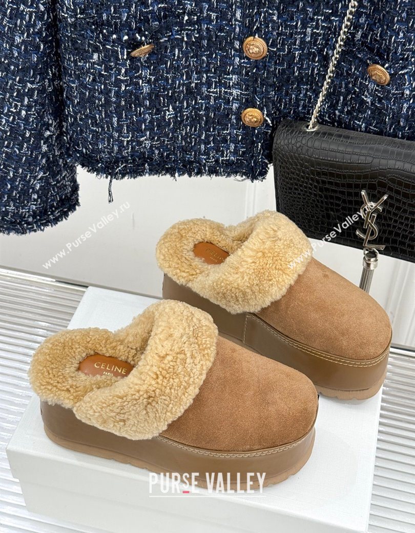 Celine Dana Wedge Platform Mules in Suede and Shearling Beige 2025 CE082615 (MD-250826122)