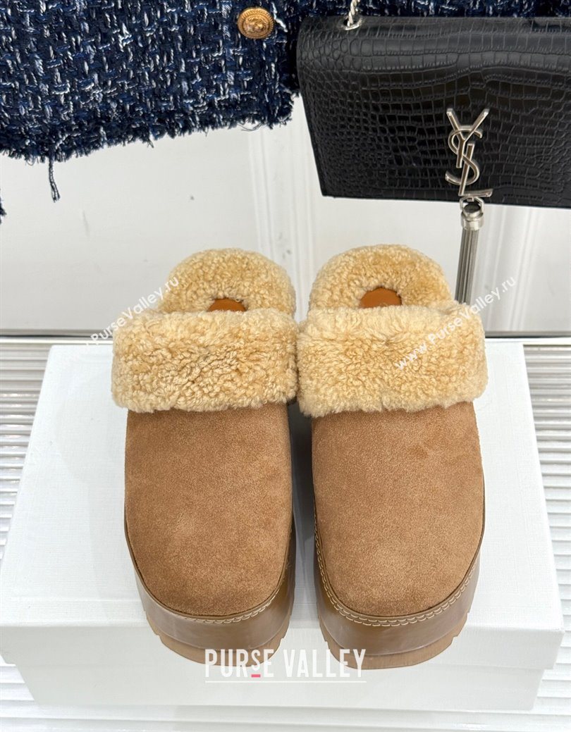 Celine Dana Wedge Platform Mules in Suede and Shearling Beige 2025 CE082615 (MD-250826122)