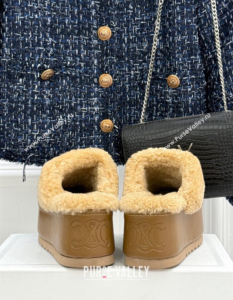 Celine Dana Wedge Platform Mules in Suede and Shearling Beige 2025 CE082615 (MD-250826122)