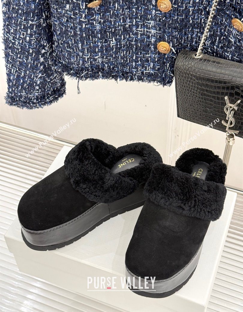 Celine Dana Wedge Platform Mules in Suede and Shearling Black 2025 CE082615 (MD-250826123)