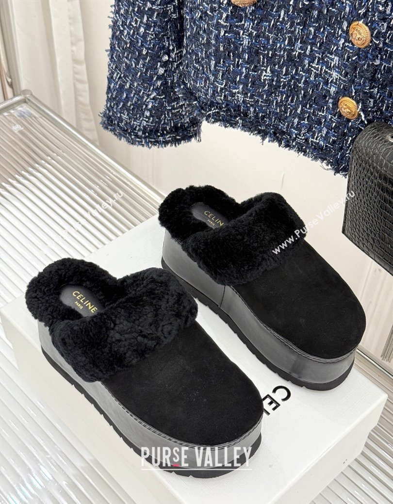 Celine Dana Wedge Platform Mules in Suede and Shearling Black 2025 CE082615 (MD-250826123)