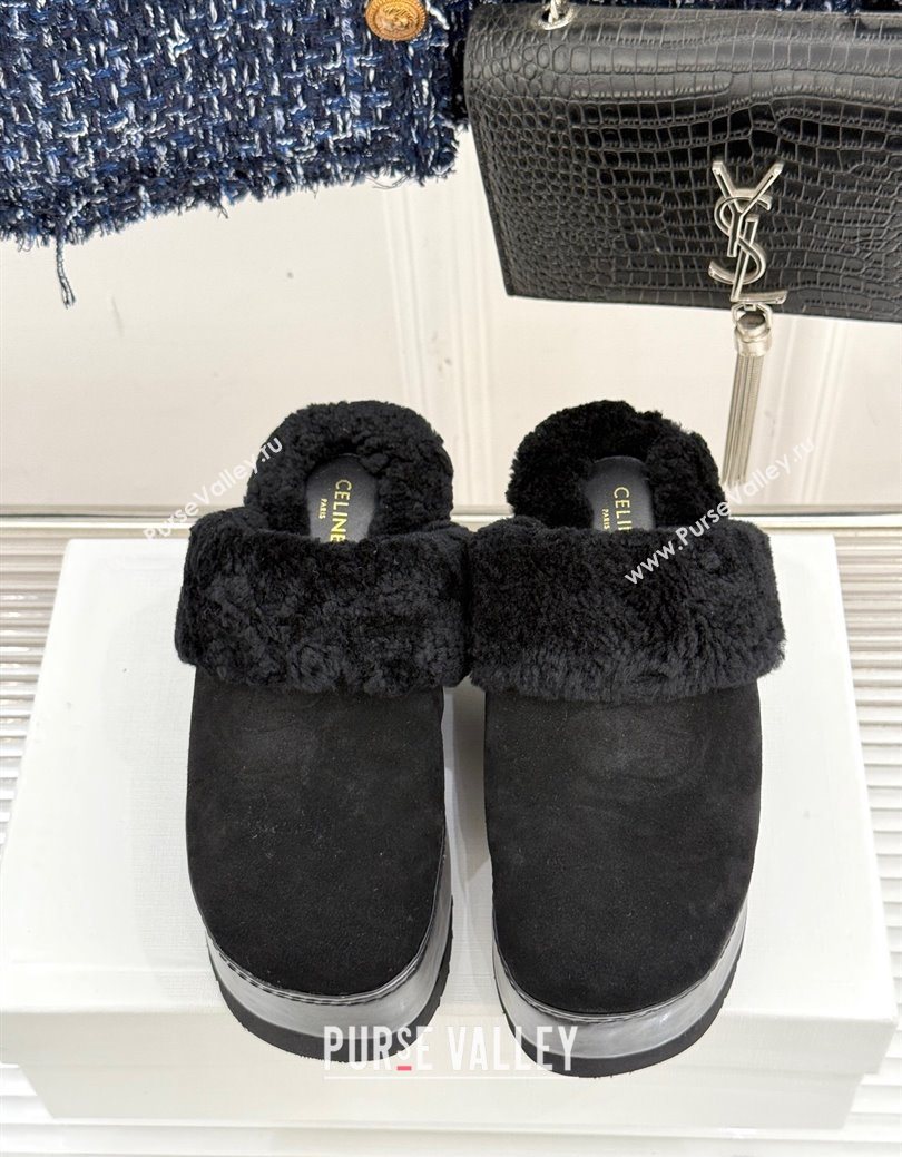 Celine Dana Wedge Platform Mules in Suede and Shearling Black 2025 CE082615 (MD-250826123)