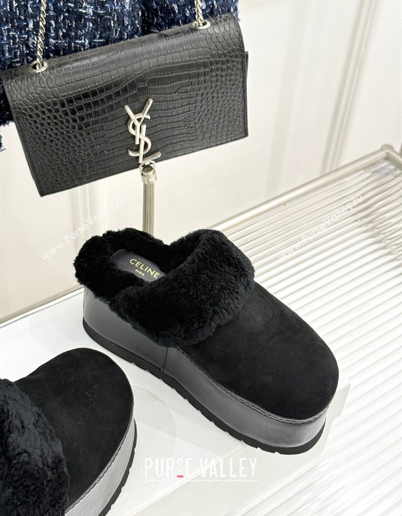 Celine Dana Wedge Platform Mules in Suede and Shearling Black 2025 CE082615 (MD-250826123)