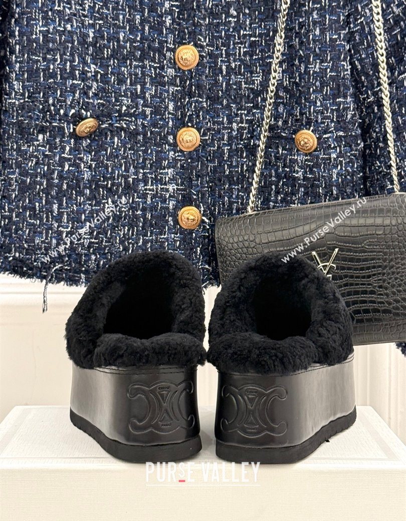 Celine Dana Wedge Platform Mules in Suede and Shearling Black 2025 CE082615 (MD-250826123)