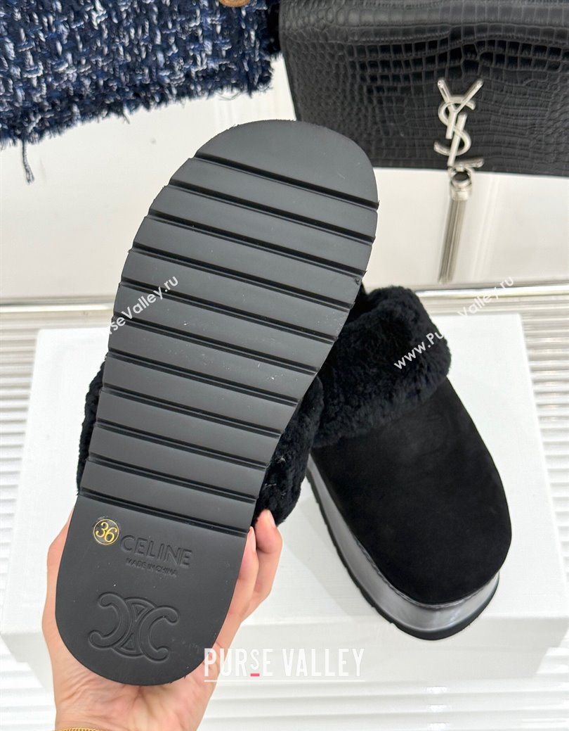 Celine Dana Wedge Platform Mules in Suede and Shearling Black 2025 CE082615 (MD-250826123)