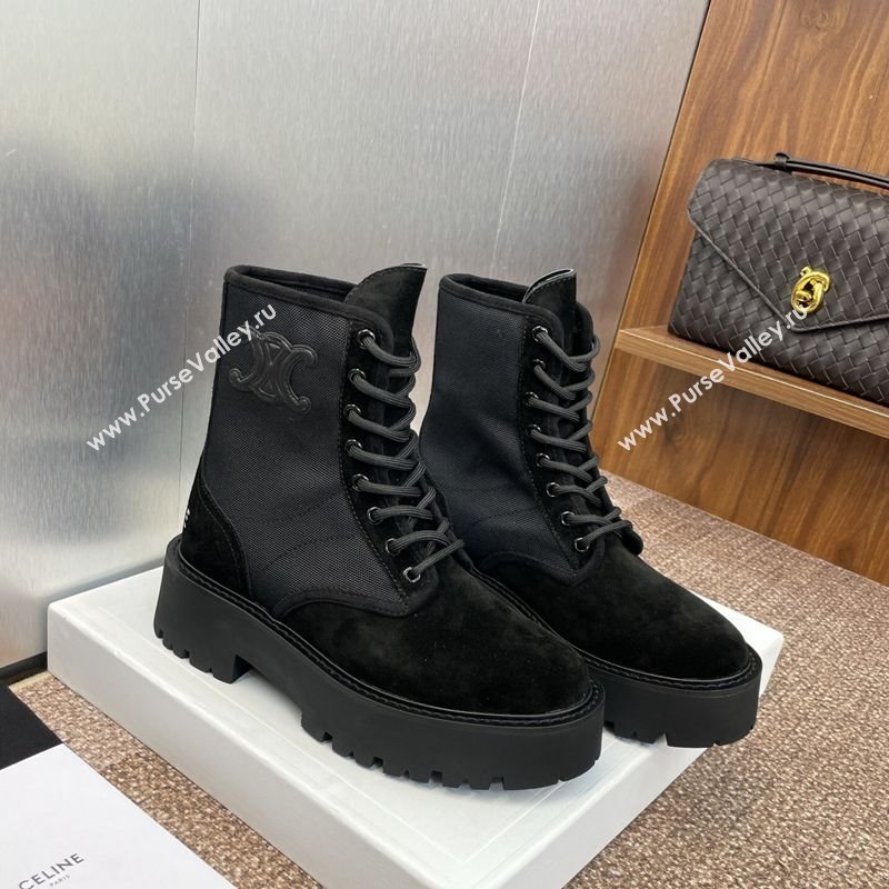 Celine Suede and Fabric Laced-up Ankle Boots 4.5cm Black 2025 CE082603 (JC-250826076)