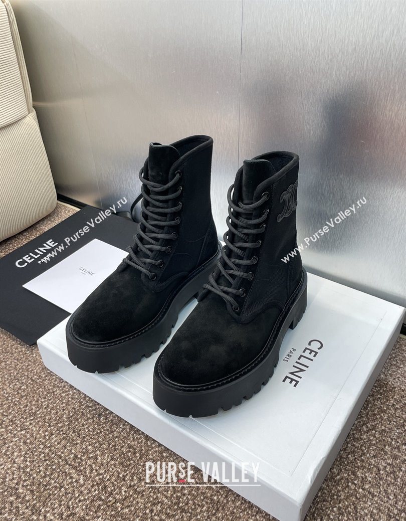 Celine Suede and Fabric Laced-up Ankle Boots 4.5cm Black 2025 CE082603 (JC-250826076)