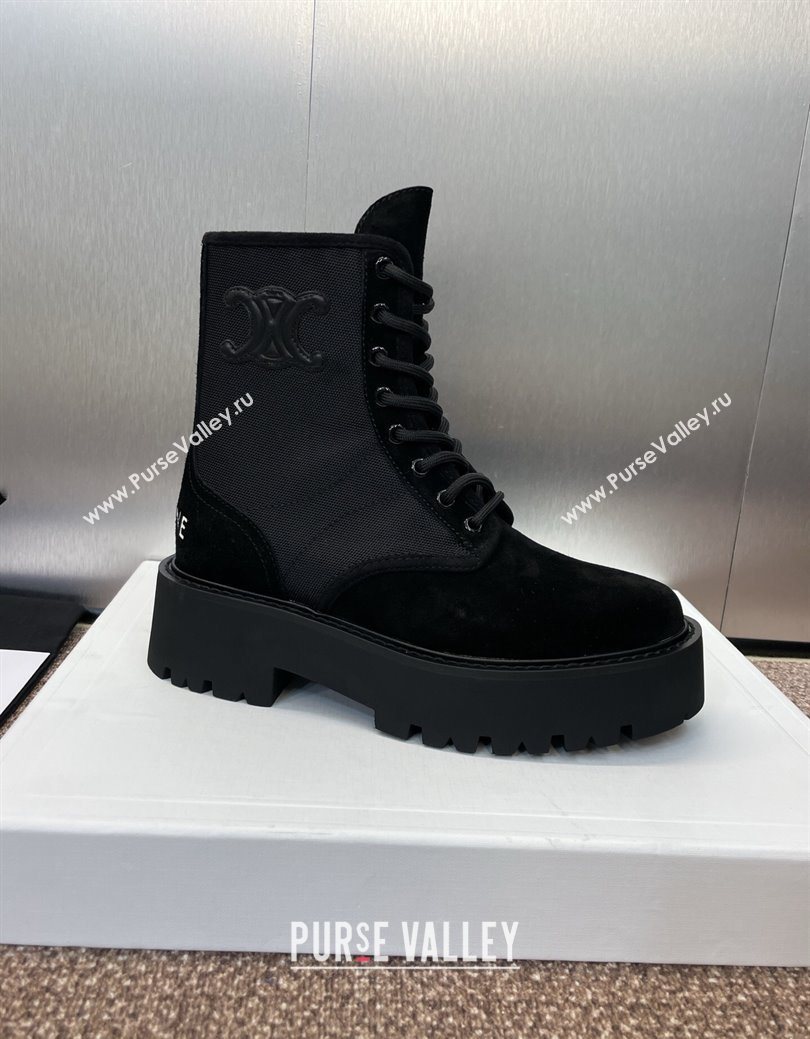 Celine Suede and Fabric Laced-up Ankle Boots 4.5cm Black 2025 CE082603 (JC-250826076)
