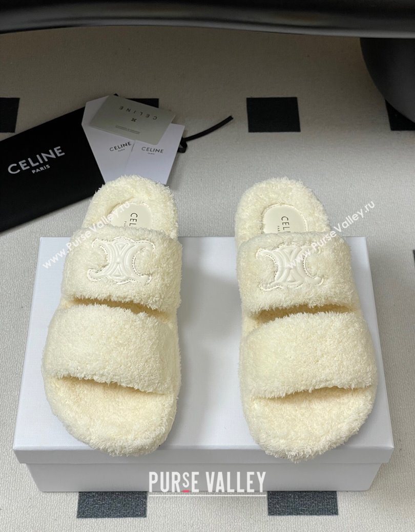 Celine Triomphe Flat Slides Sandal in Sponge Fabric White 2025 CE082618 (MD-250826132)