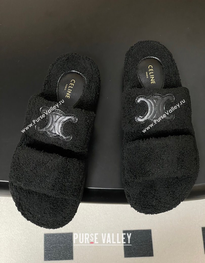 Celine Triomphe Flat Slides Sandal in Sponge Fabric Black 2025 CE082618 (MD-250826133)