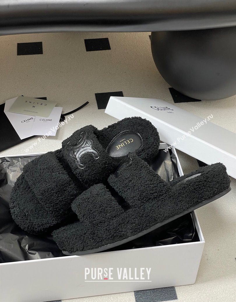 Celine Triomphe Flat Slides Sandal in Sponge Fabric Black 2025 CE082618 (MD-250826133)