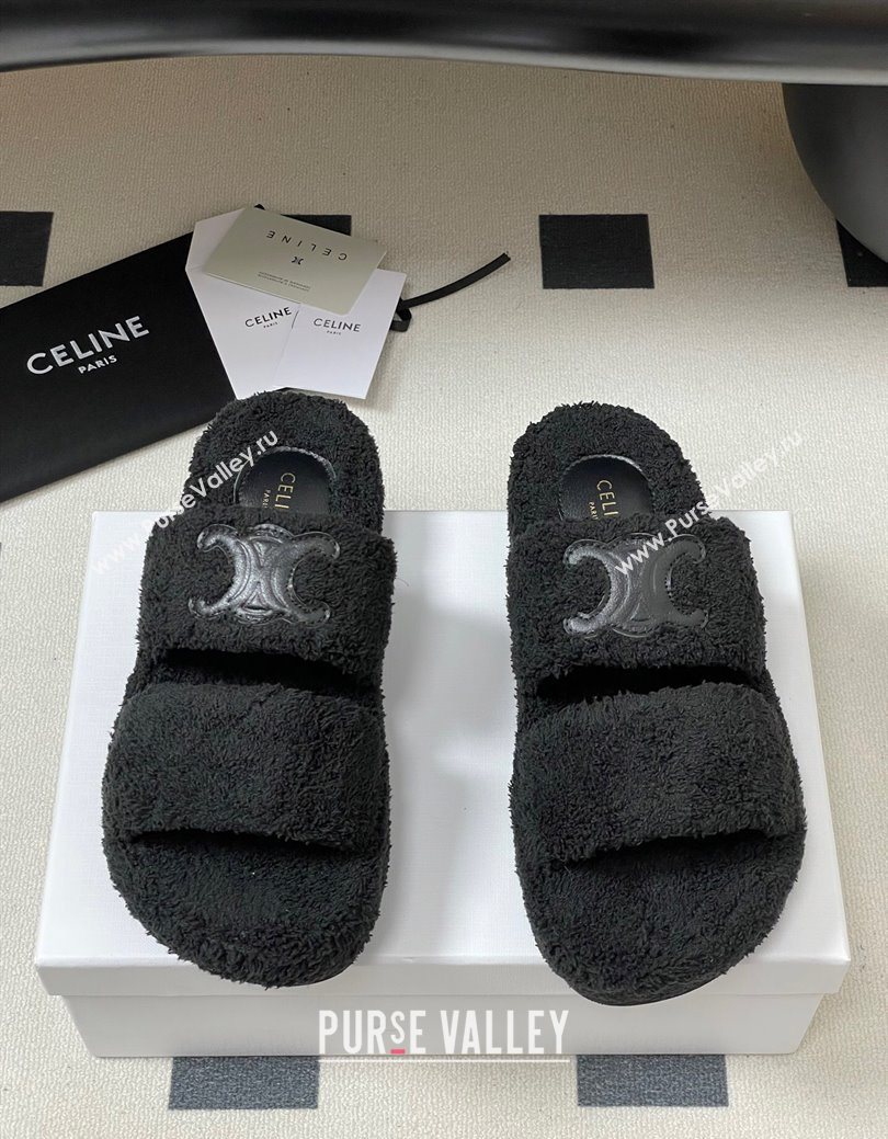 Celine Triomphe Flat Slides Sandal in Sponge Fabric Black 2025 CE082618 (MD-250826133)