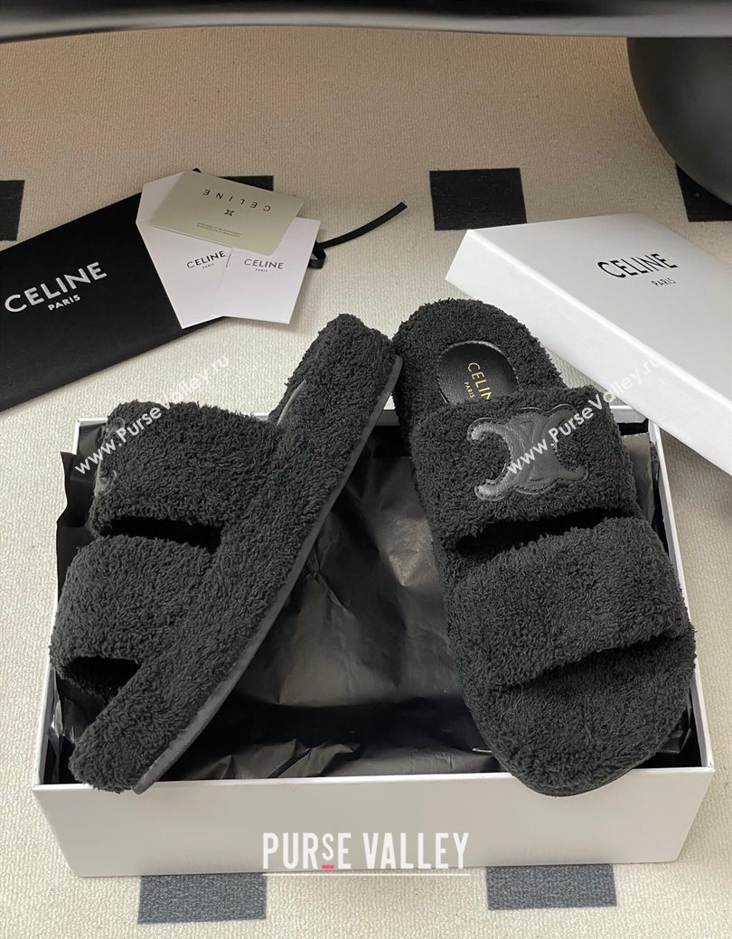 Celine Triomphe Flat Slides Sandal in Sponge Fabric Black 2025 CE082618 (MD-250826133)