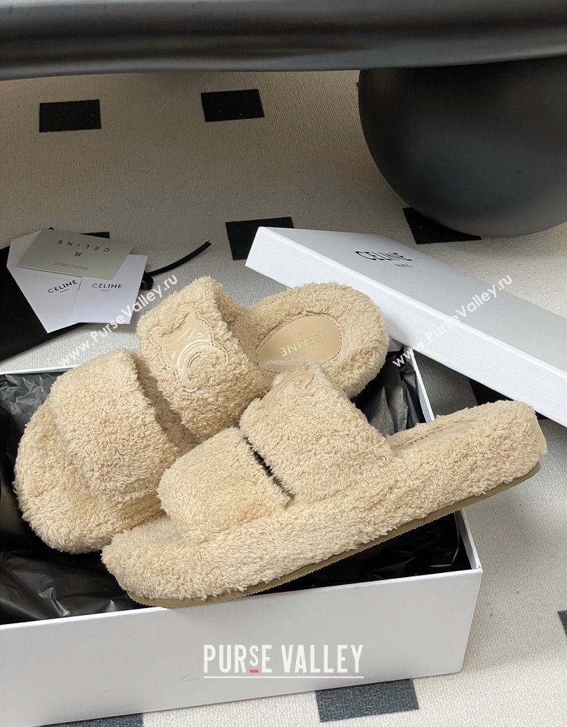 Celine Triomphe Flat Slides Sandal in Sponge Fabric Beige 2025 CE082618 (MD-250826134)