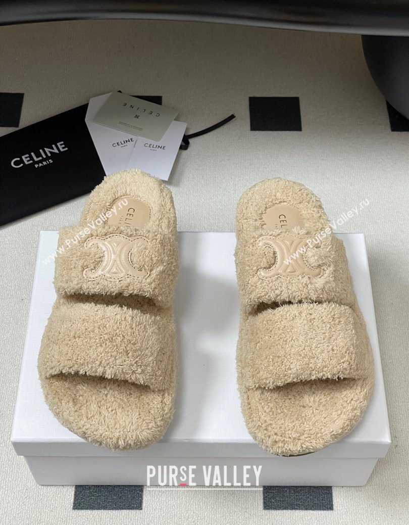 Celine Triomphe Flat Slides Sandal in Sponge Fabric Beige 2025 CE082618 (MD-250826134)
