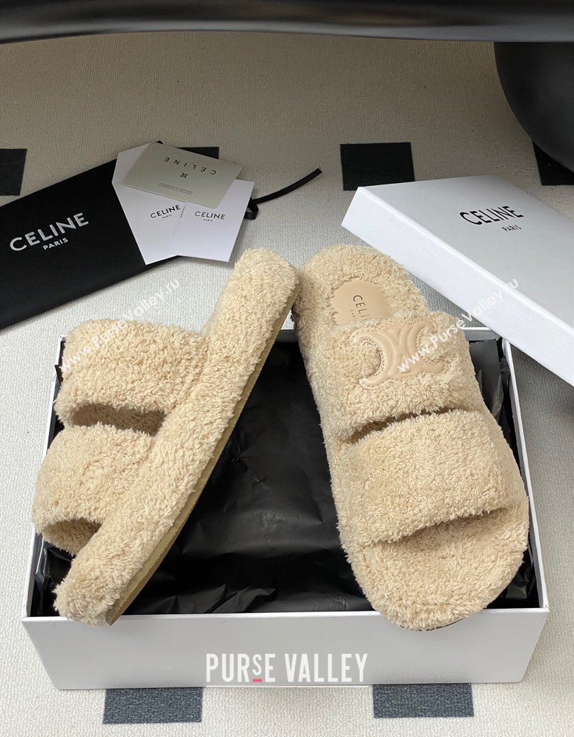 Celine Triomphe Flat Slides Sandal in Sponge Fabric Beige 2025 CE082618 (MD-250826134)