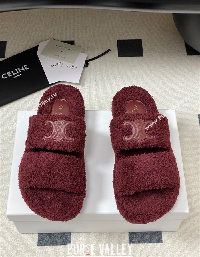 Celine Triomphe Flat Slides Sandal in Sponge Fabric Burgundy 2025 CE082618 (MD-250826135)