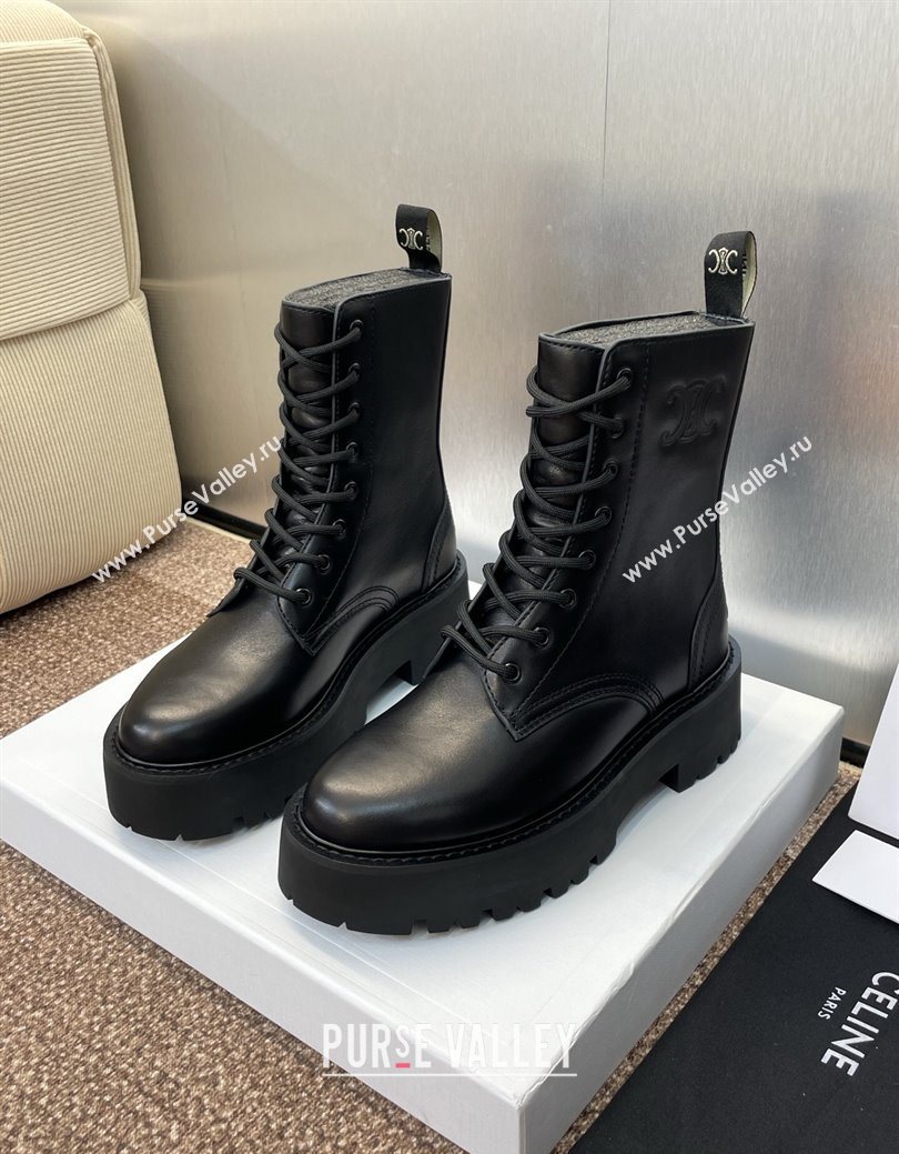 Celine Leather Laced-up Ankle Boots 5cm Black 2025 CE082604 (JC-250826077)