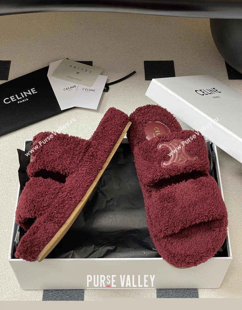 Celine Triomphe Flat Slides Sandal in Sponge Fabric Burgundy 2025 CE082618 (MD-250826135)