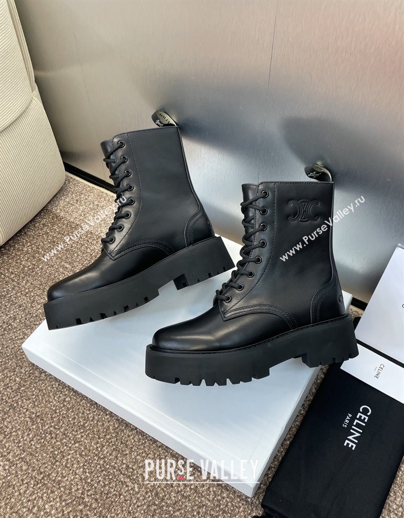 Celine Leather Laced-up Ankle Boots 5cm Black 2025 CE082604 (JC-250826077)