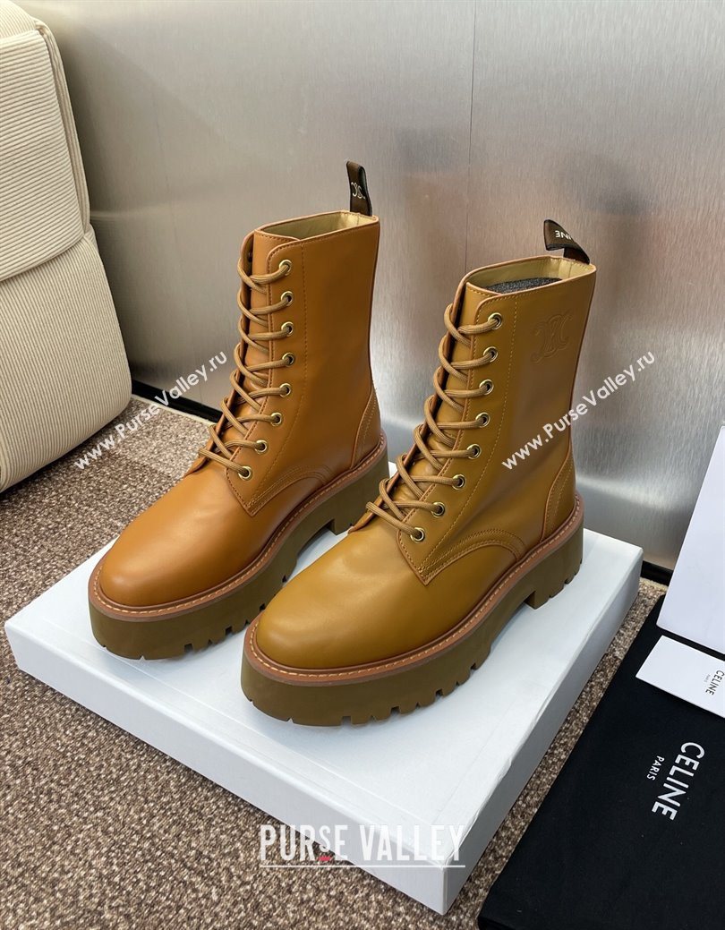 Celine Leather Laced-up Ankle Boots 5cm Brown Yellow 2025 CE082604 (JC-250826078)