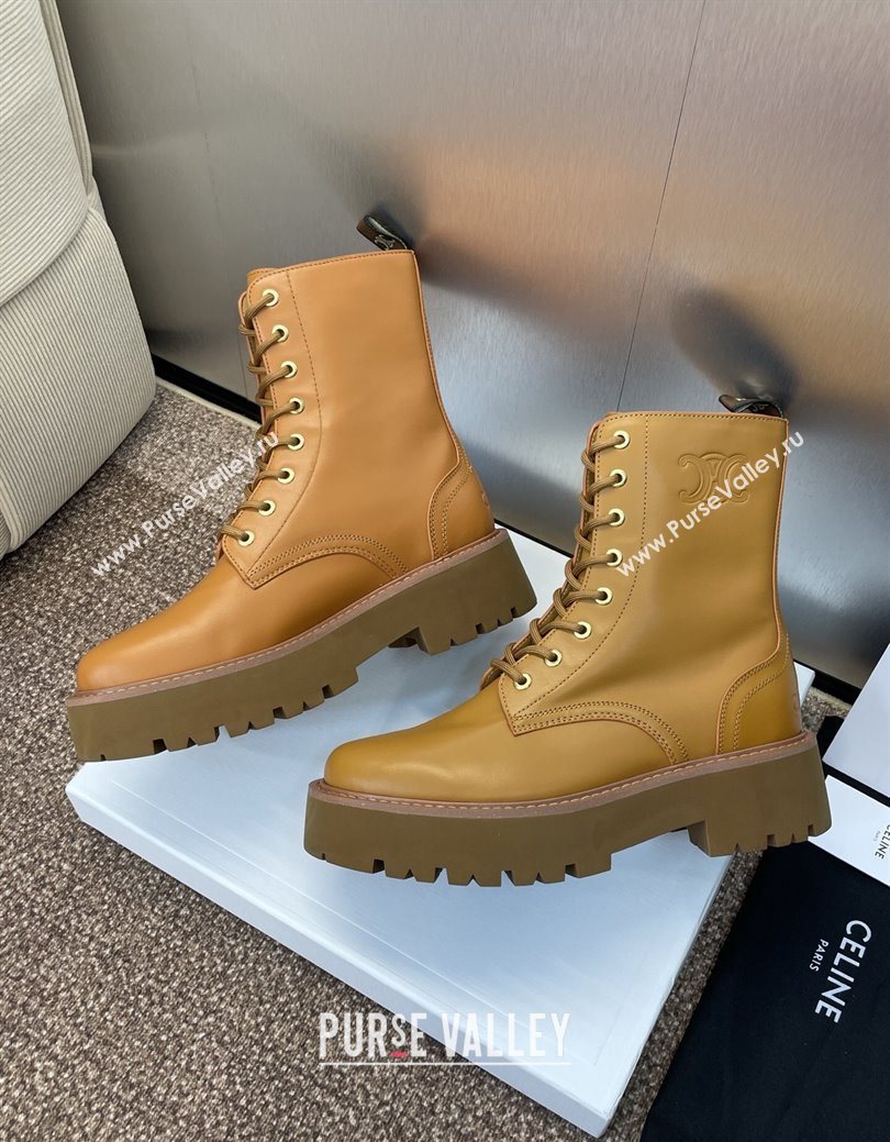 Celine Leather Laced-up Ankle Boots 5cm Brown Yellow 2025 CE082604 (JC-250826078)