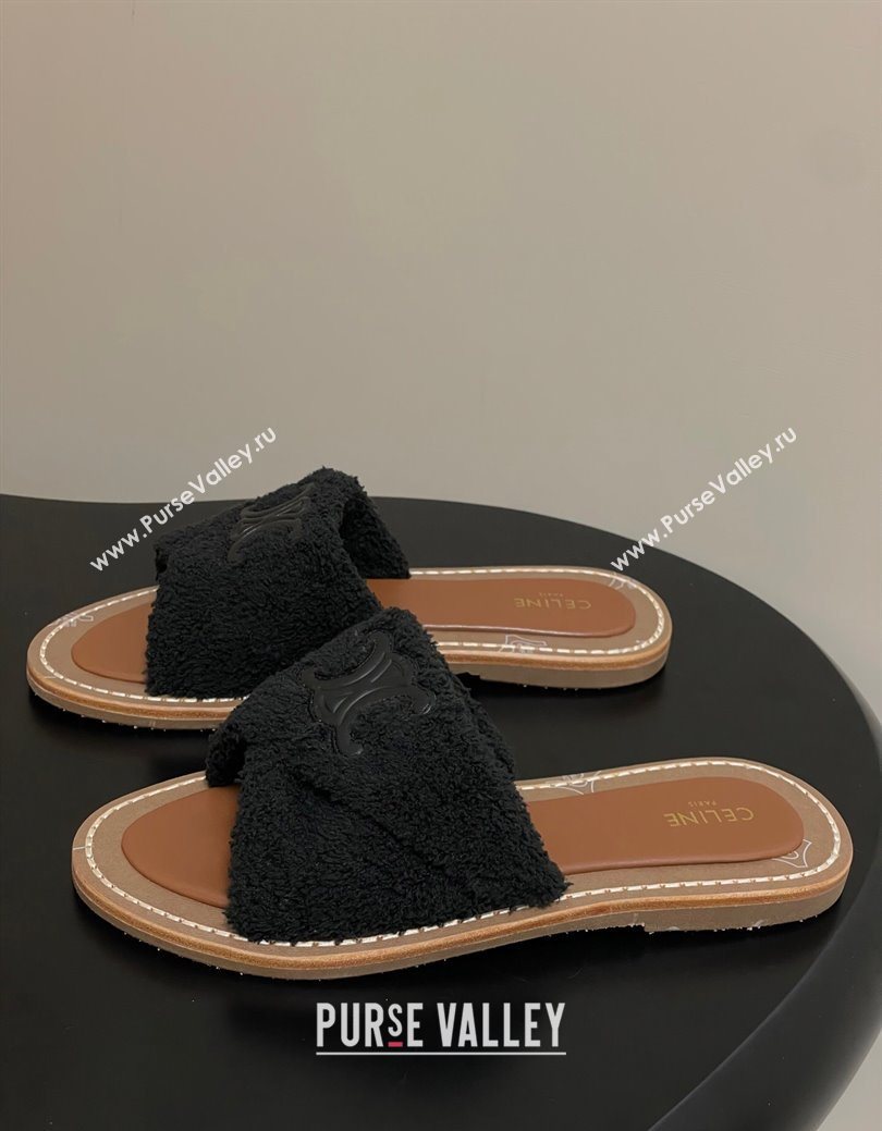 Celine Lympia Twisted Flat Slides Sandal in Sponge Fabric Black 2025 CE082619 (MD-250826136)
