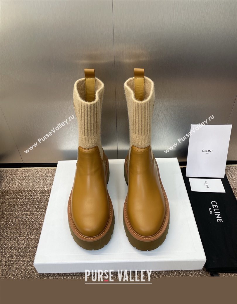 Celine Leather and Knit Ankle Boots 5cm Brown 2025 CE082605 (JC-250826079)