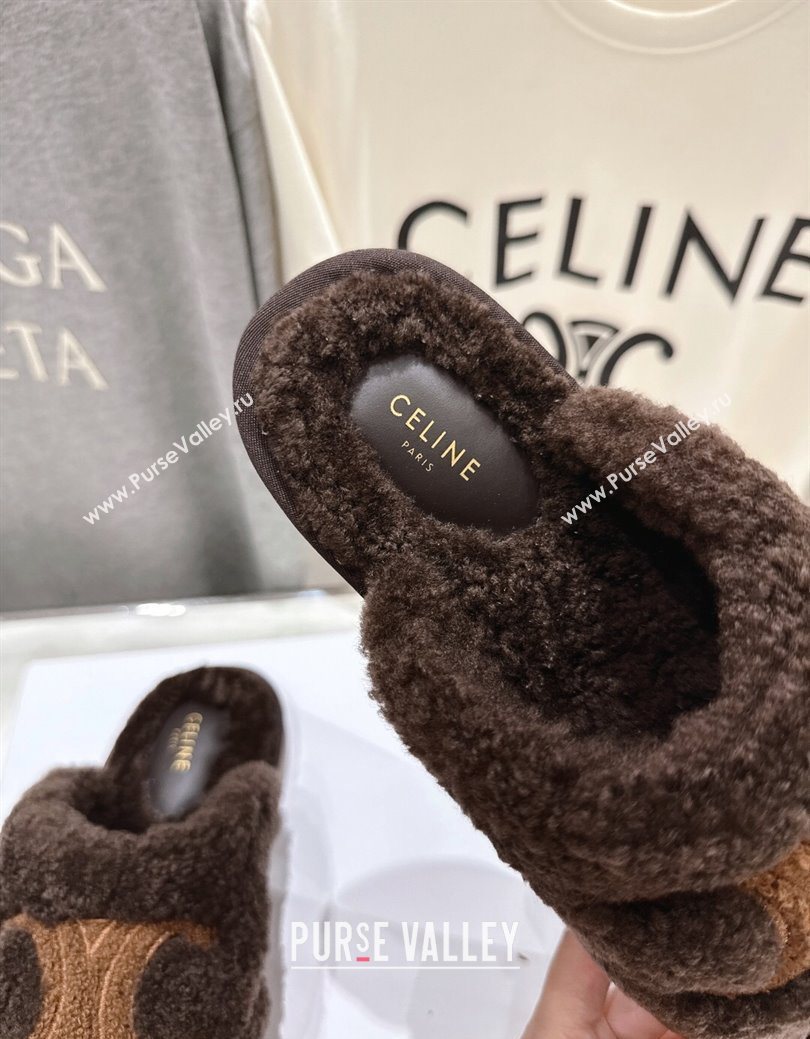 Celine Georgia Flat Slides Sandal in Shearling Brown 2025 CE082616 (MD-250826124)