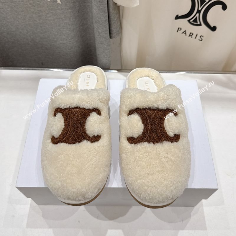 Celine Georgia Flat Slides Sandal in Shearling White 2025 CE082616 (MD-250826125)