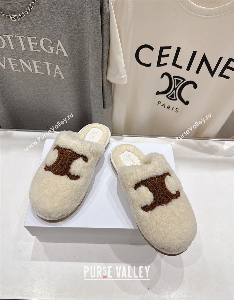 Celine Georgia Flat Slides Sandal in Shearling White 2025 CE082616 (MD-250826125)