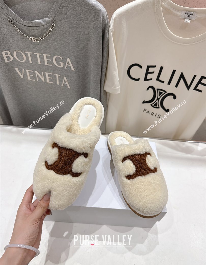 Celine Georgia Flat Slides Sandal in Shearling White 2025 CE082616 (MD-250826125)