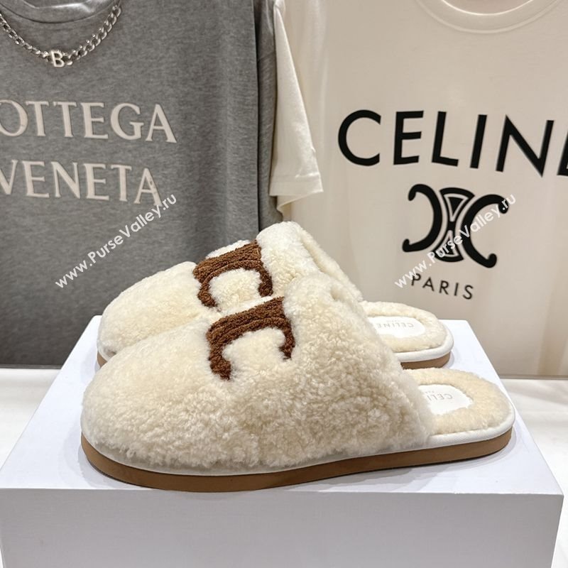 Celine Georgia Flat Slides Sandal in Shearling White 2025 CE082616 (MD-250826125)