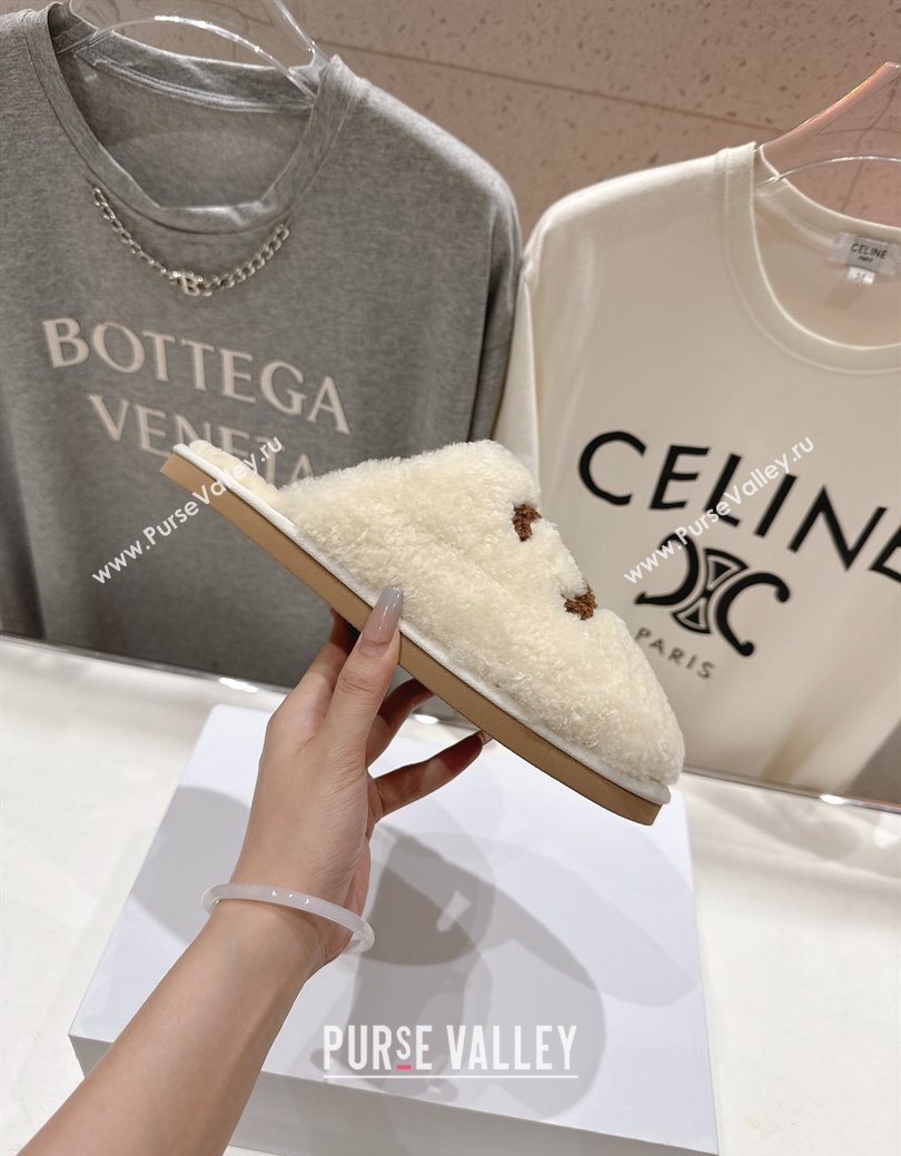 Celine Georgia Flat Slides Sandal in Shearling White 2025 CE082616 (MD-250826125)