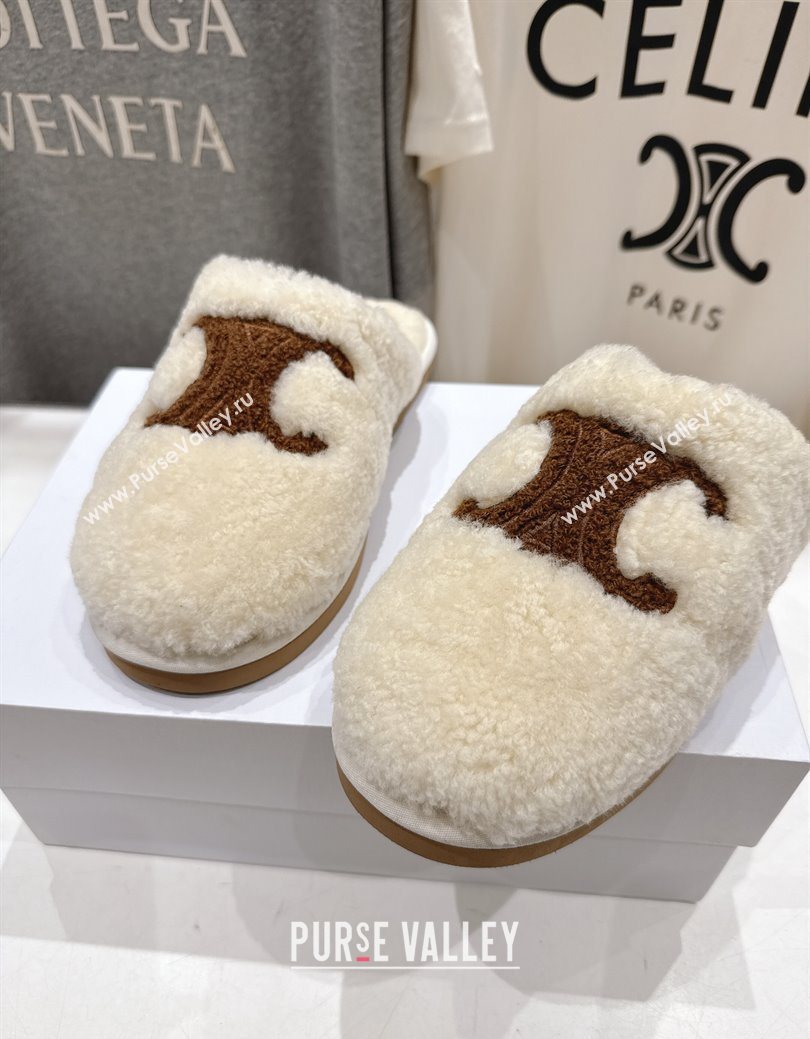 Celine Georgia Flat Slides Sandal in Shearling White 2025 CE082616 (MD-250826125)