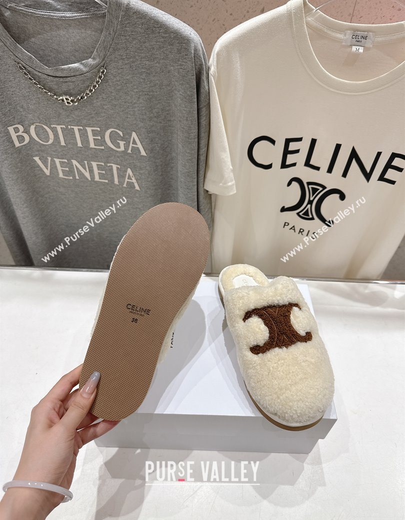 Celine Georgia Flat Slides Sandal in Shearling White 2025 CE082616 (MD-250826125)