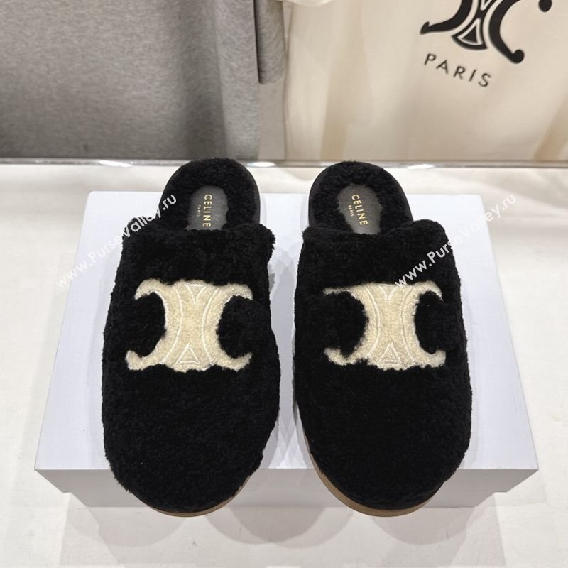 Celine Georgia Flat Slides Sandal in Shearling Black 2025 CE082616 (MD-250826126)