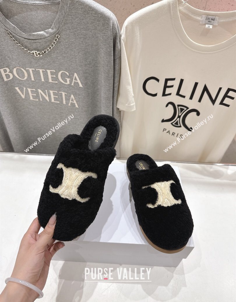 Celine Georgia Flat Slides Sandal in Shearling Black 2025 CE082616 (MD-250826126)