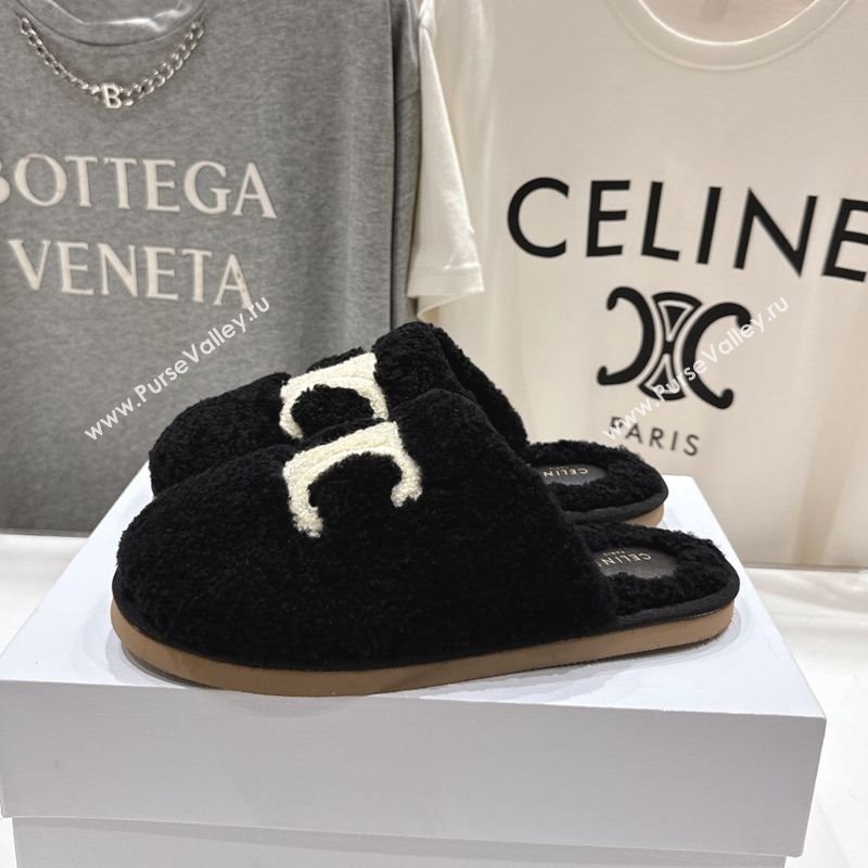Celine Georgia Flat Slides Sandal in Shearling Black 2025 CE082616 (MD-250826126)