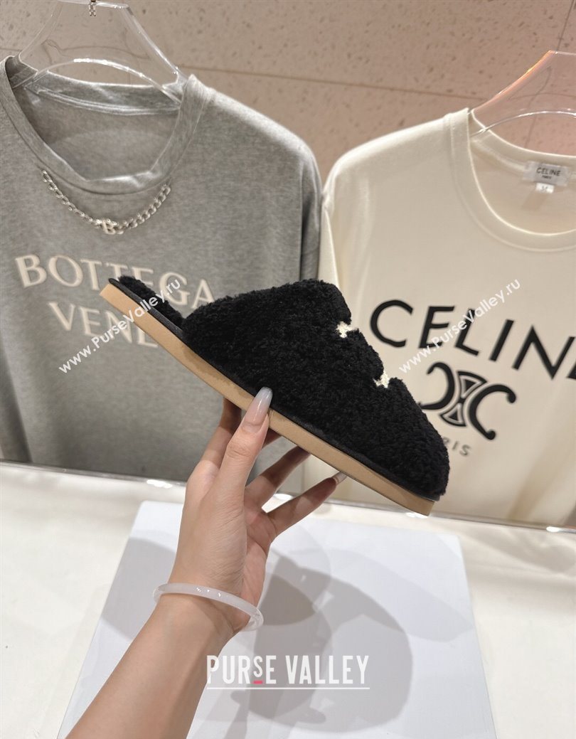 Celine Georgia Flat Slides Sandal in Shearling Black 2025 CE082616 (MD-250826126)