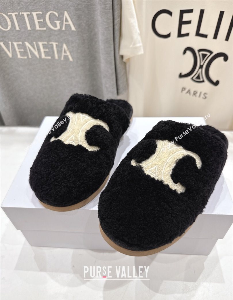 Celine Georgia Flat Slides Sandal in Shearling Black 2025 CE082616 (MD-250826126)