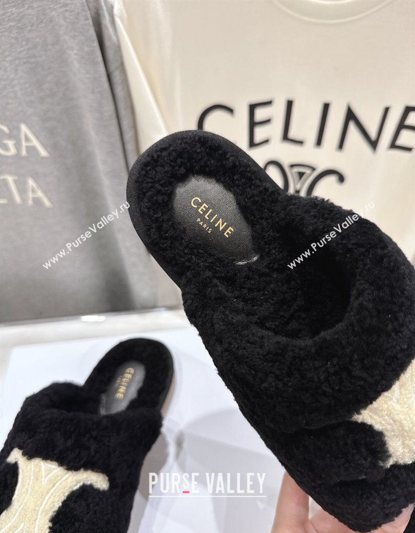 Celine Georgia Flat Slides Sandal in Shearling Black 2025 CE082616 (MD-250826126)