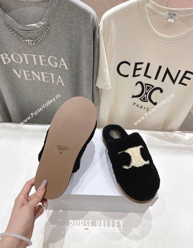 Celine Georgia Flat Slides Sandal in Shearling Black 2025 CE082616 (MD-250826126)