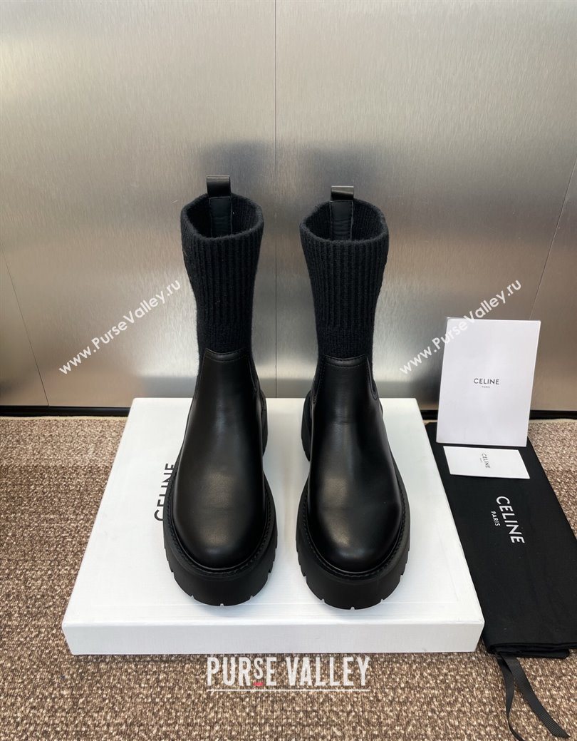 Celine Leather and Knit Ankle Boots 5cm Black 2025 CE082605 (JC-250826080)