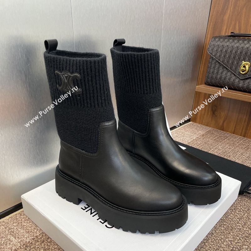 Celine Leather and Knit Ankle Boots 5cm Black 2025 CE082605 (JC-250826080)