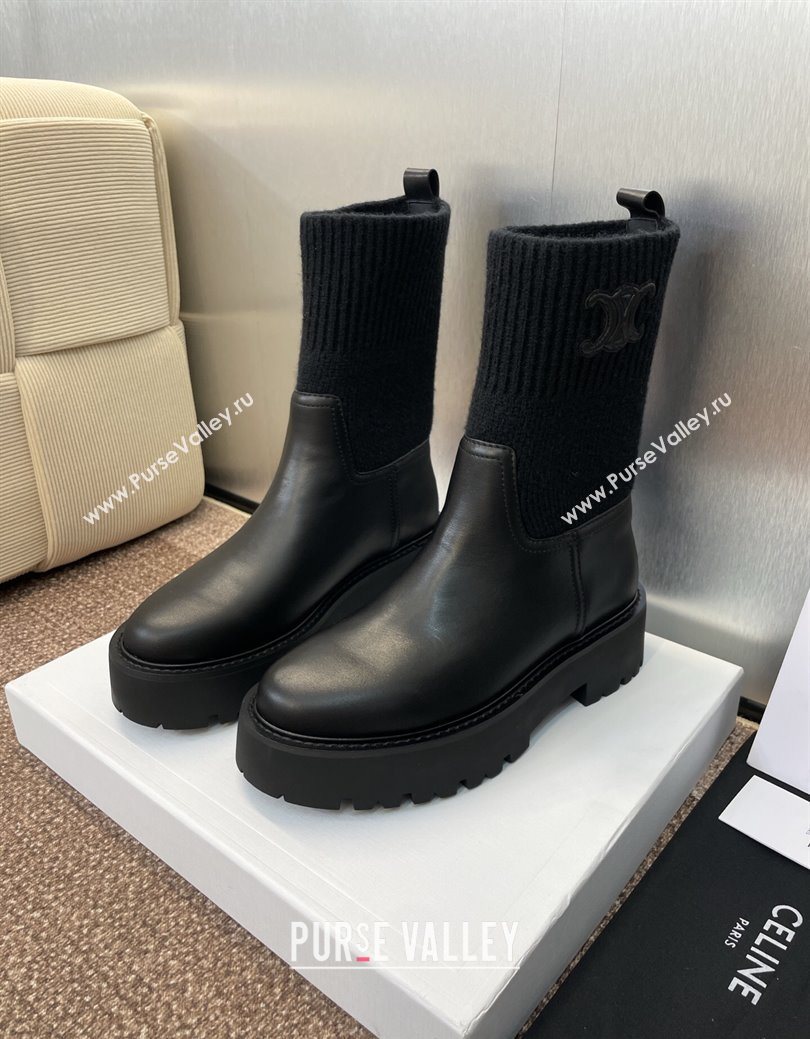 Celine Leather and Knit Ankle Boots 5cm Black 2025 CE082605 (JC-250826080)