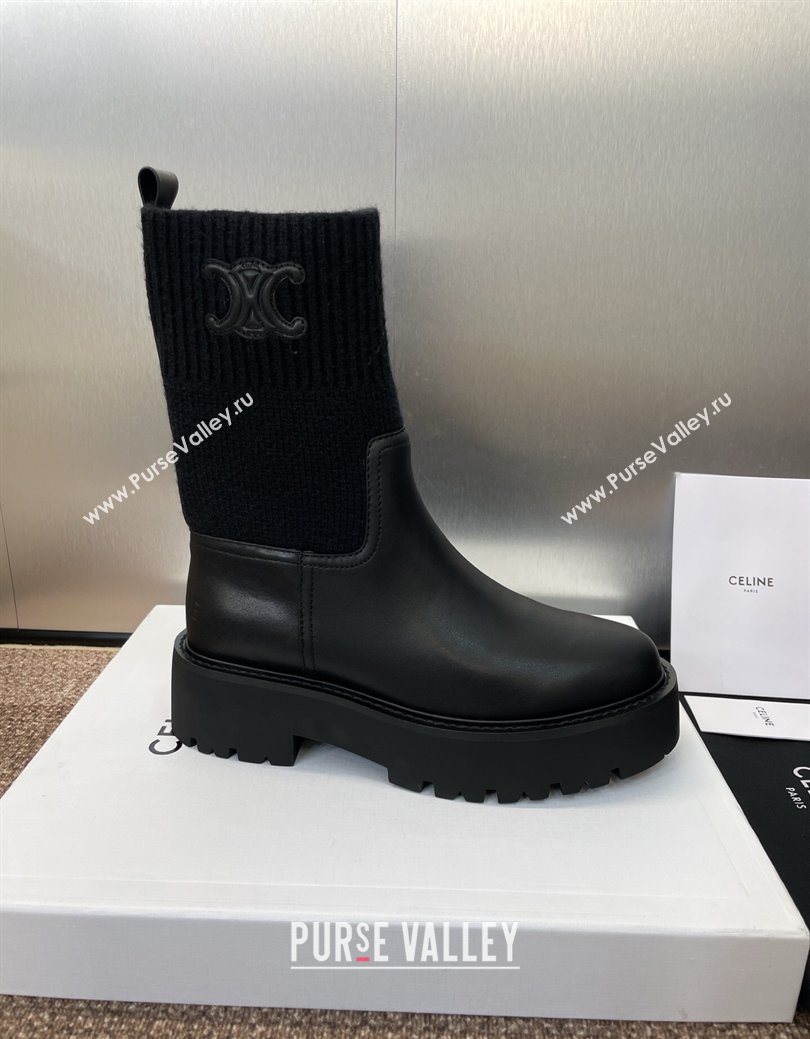Celine Leather and Knit Ankle Boots 5cm Black 2025 CE082605 (JC-250826080)
